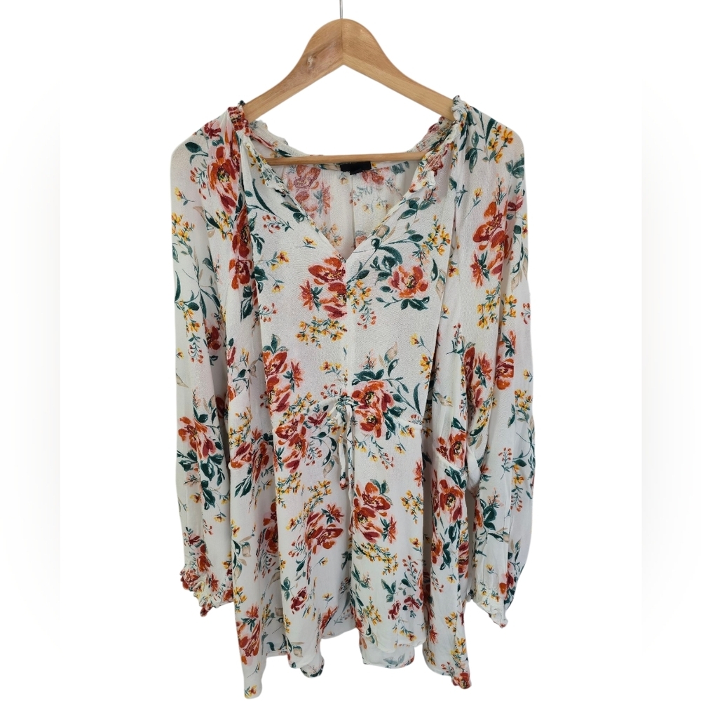 Torrid Rayon Crepe Tie Waist Floral Peasant Blouse White Green Size 3